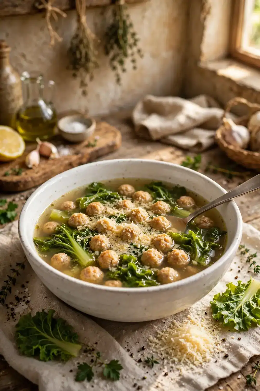 Italian wedding soup with mini meatballs and greens
