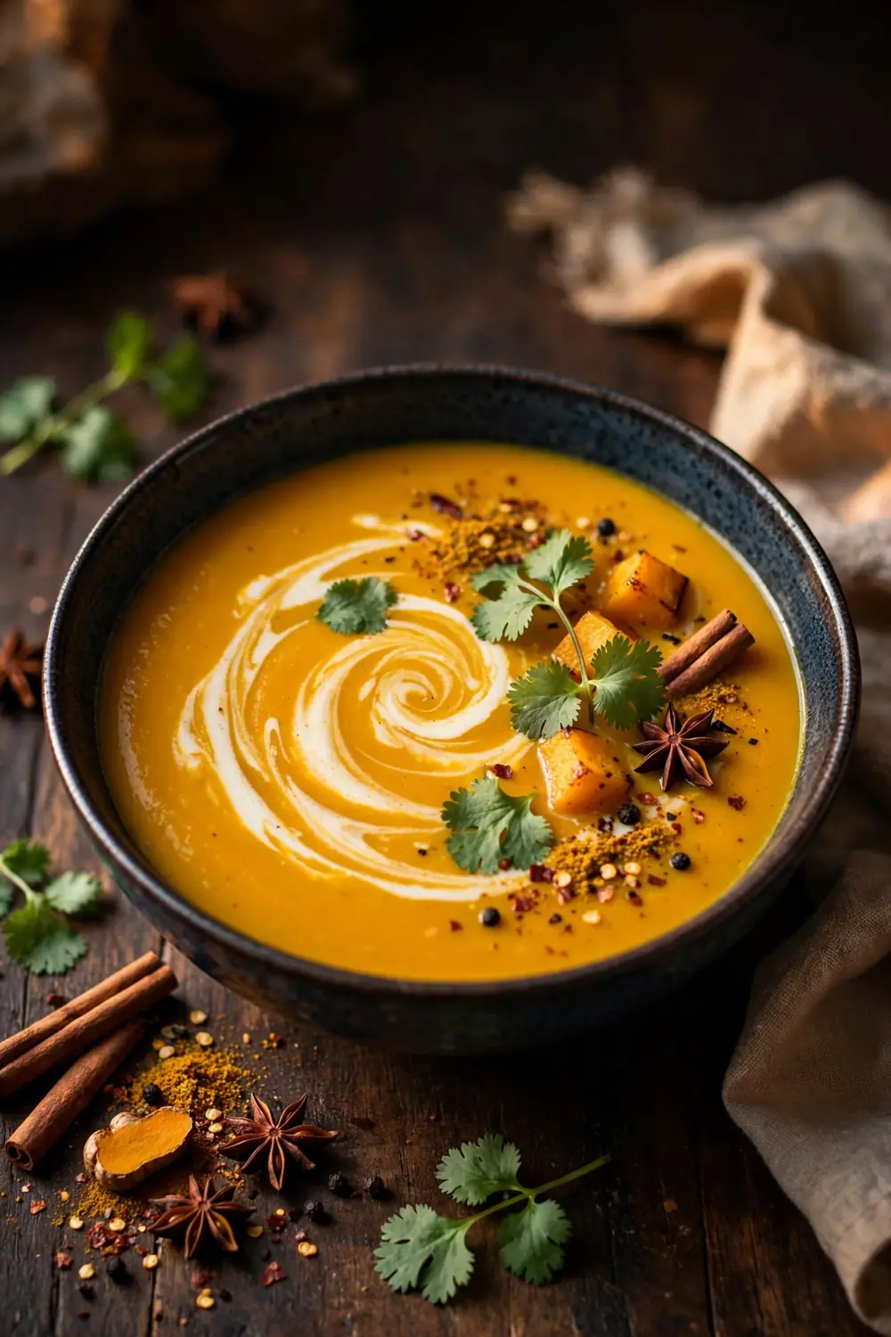 Curried butternut squash soup with coconut swirl