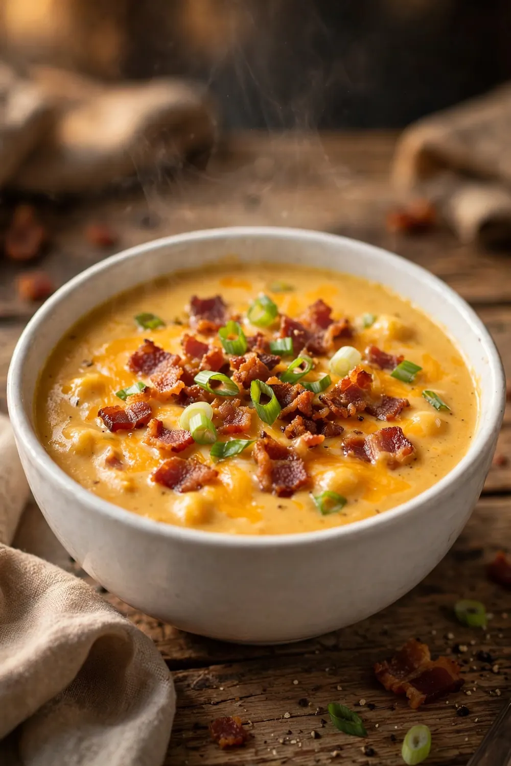 Smoky bacon cheddar soup with crumbled bacon on top