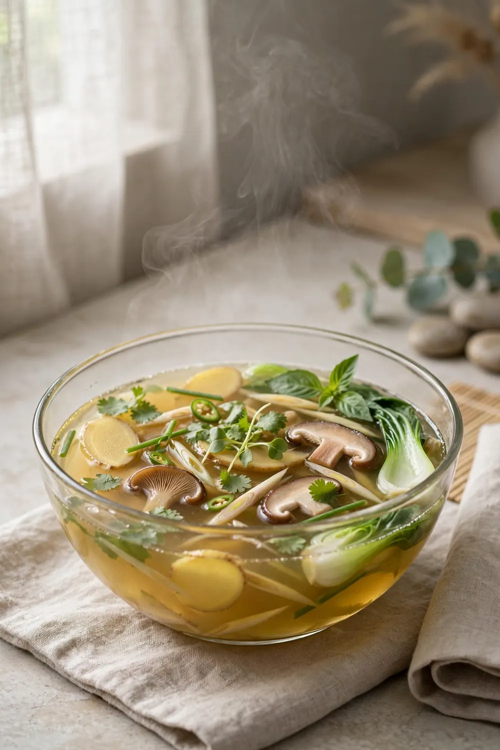 Clear lemongrass ginger soup with mushrooms and herbs