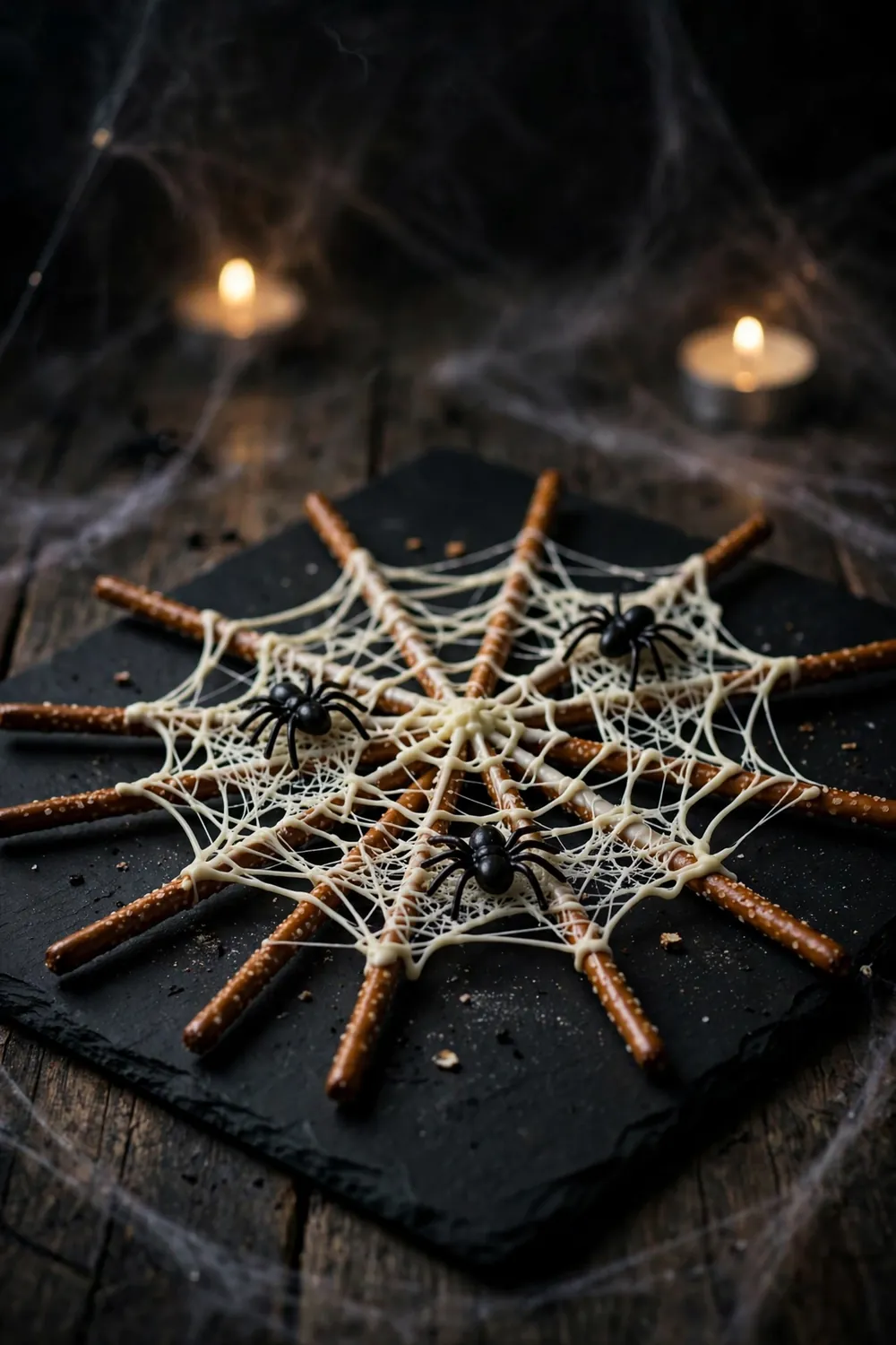 White chocolate spiderweb pretzel rods with candy spiders on a black slate board