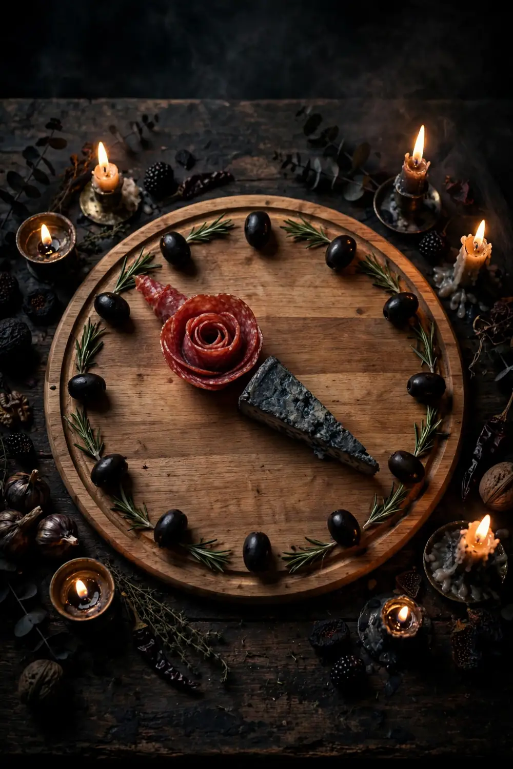 Charcuterie board arranged like a clock face with olive hour markers and candles