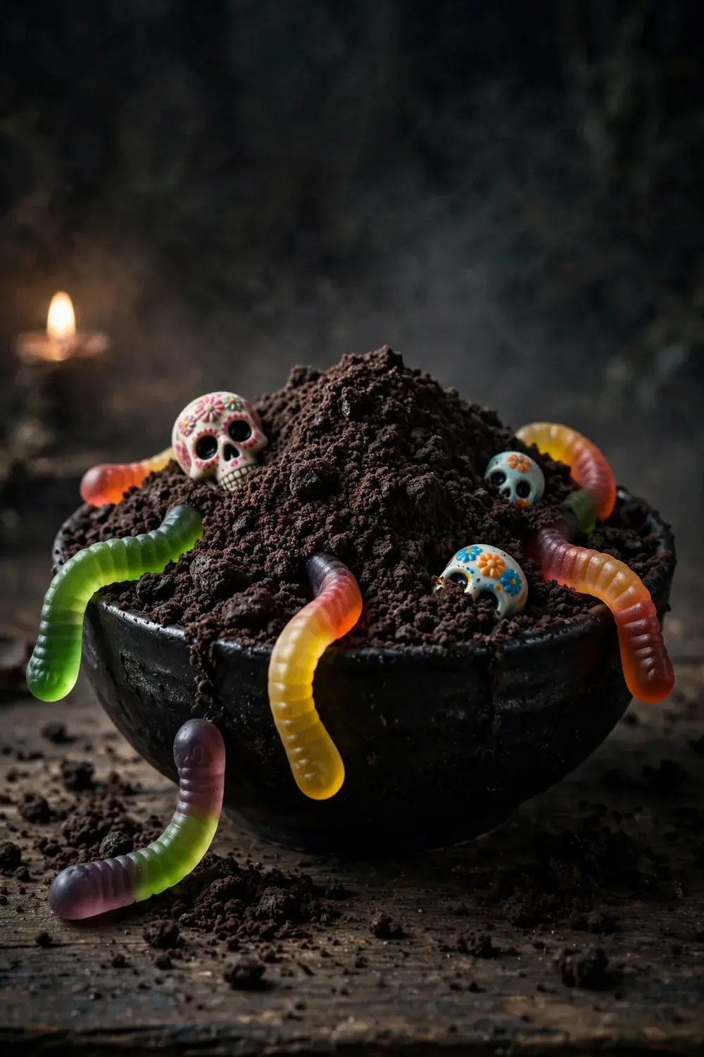 Chocolate cookie crumb dirt bowl with gummy worms crawling out