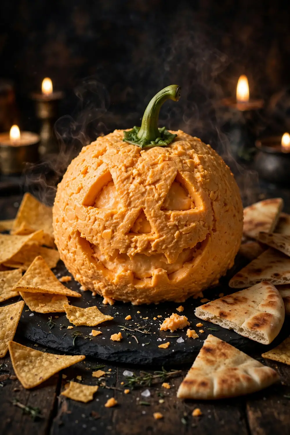 Jack-o-lantern faced orange cheese ball dip with tortilla chips