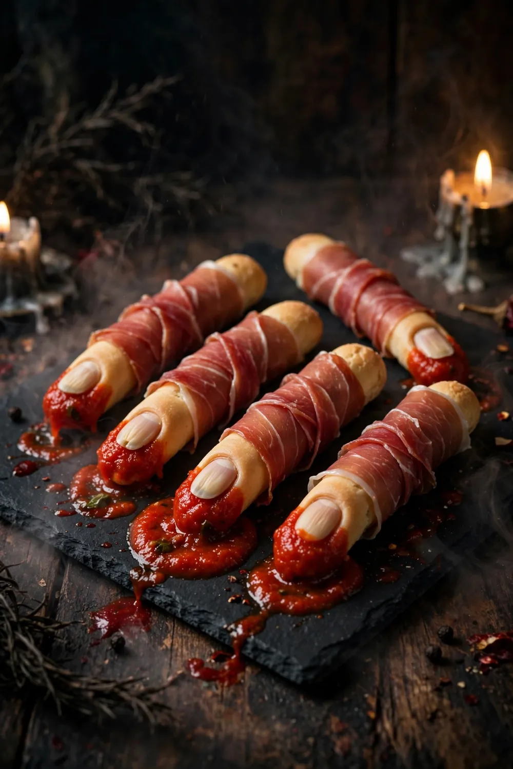 Breadstick zombie fingers with almond nails dipped in red sauce