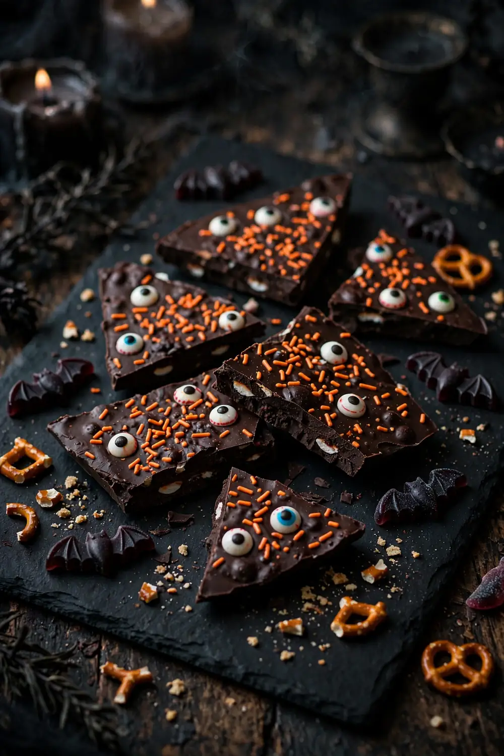 Dark chocolate bark slab studded with candy eyeballs broken into pieces