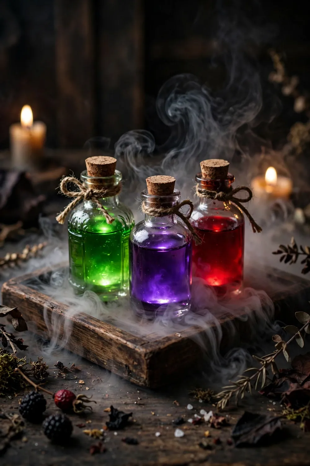 Wooden tray of glass potion bottles with glowing colored drinks and dry ice fog