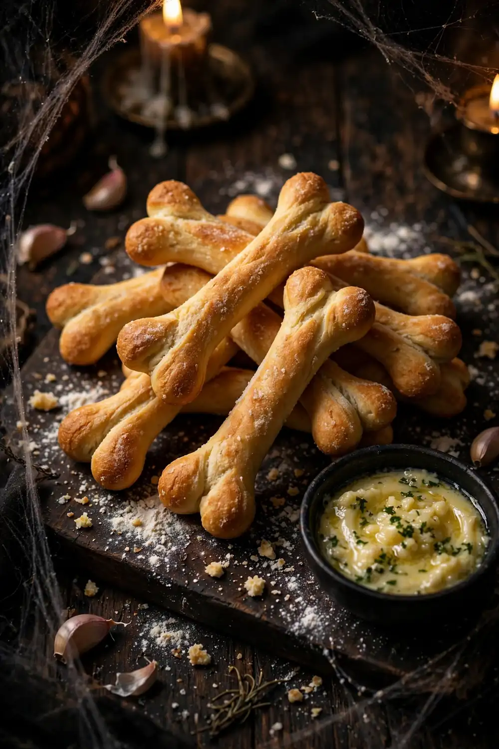 Golden bone shaped breadsticks piled on a dark wooden board