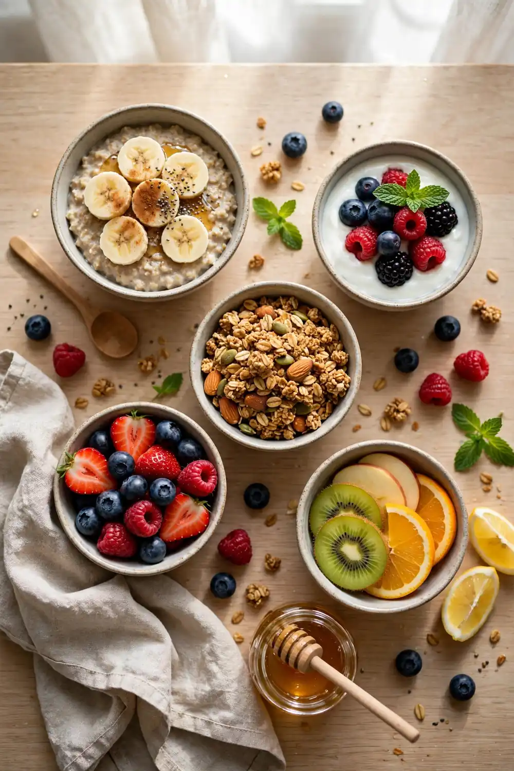 Morning spread of oatmeal, yogurt, and fresh fruit bowls