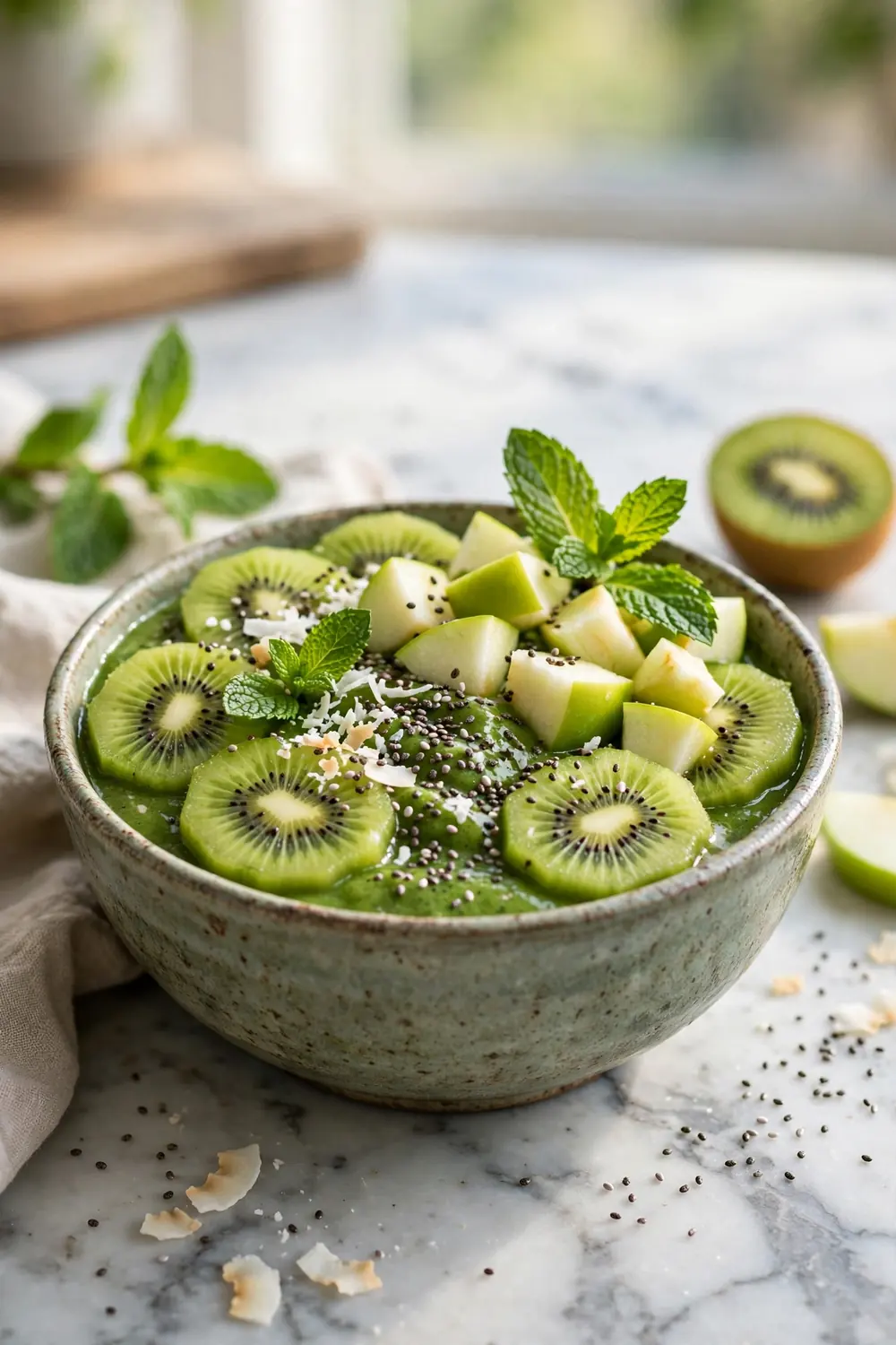 Green smoothie bowl with kiwi and chia
