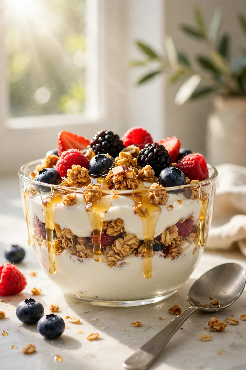 Greek yogurt bowl with granola and berries