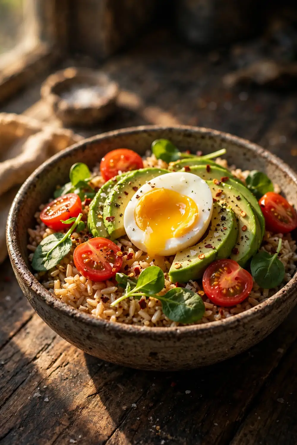 Savory egg bowl with avocado and rice