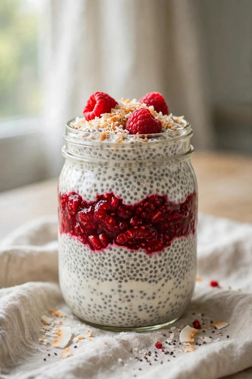 Chia seed pudding jar with raspberries
