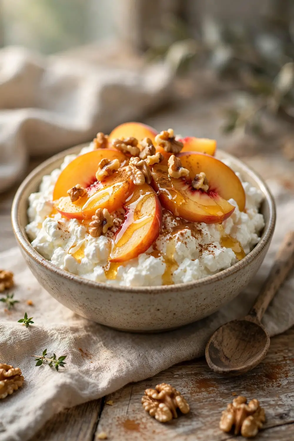 Cottage cheese bowl with peaches and walnuts