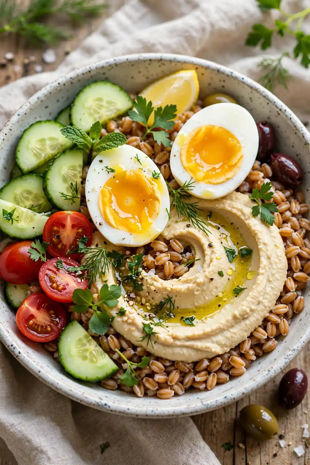 Hummus grain bowl with eggs