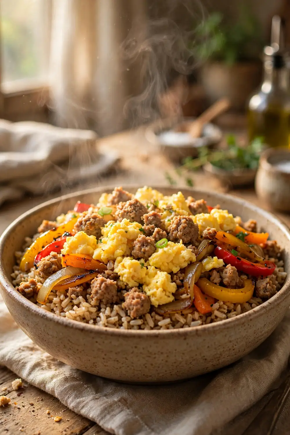Turkey sausage egg scramble bowl