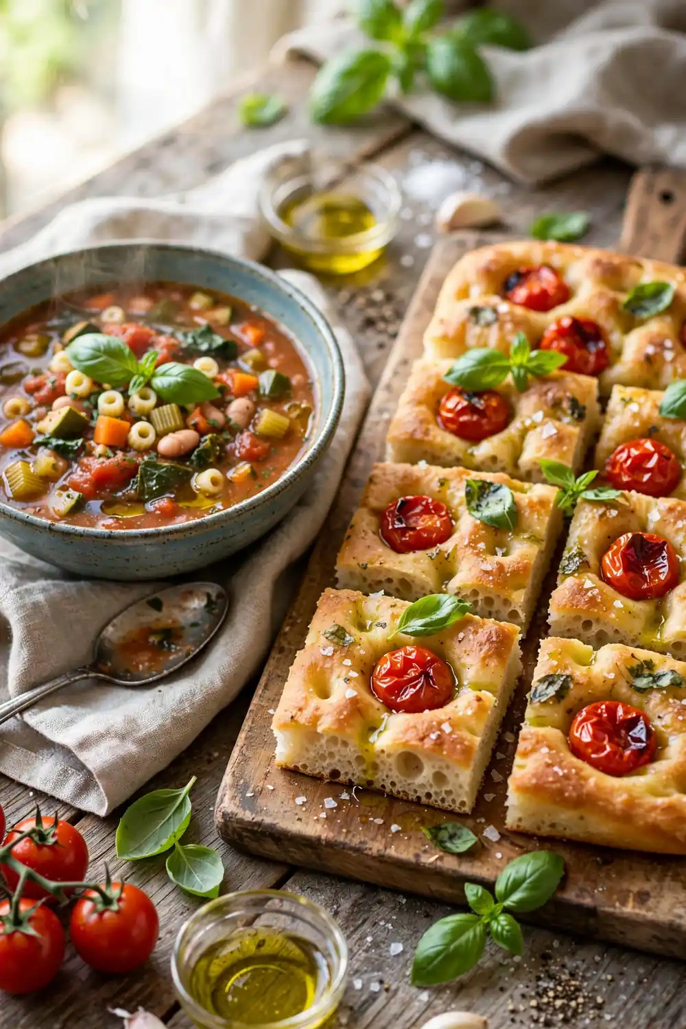 Tomato basil focaccia squares, fresh soup breads