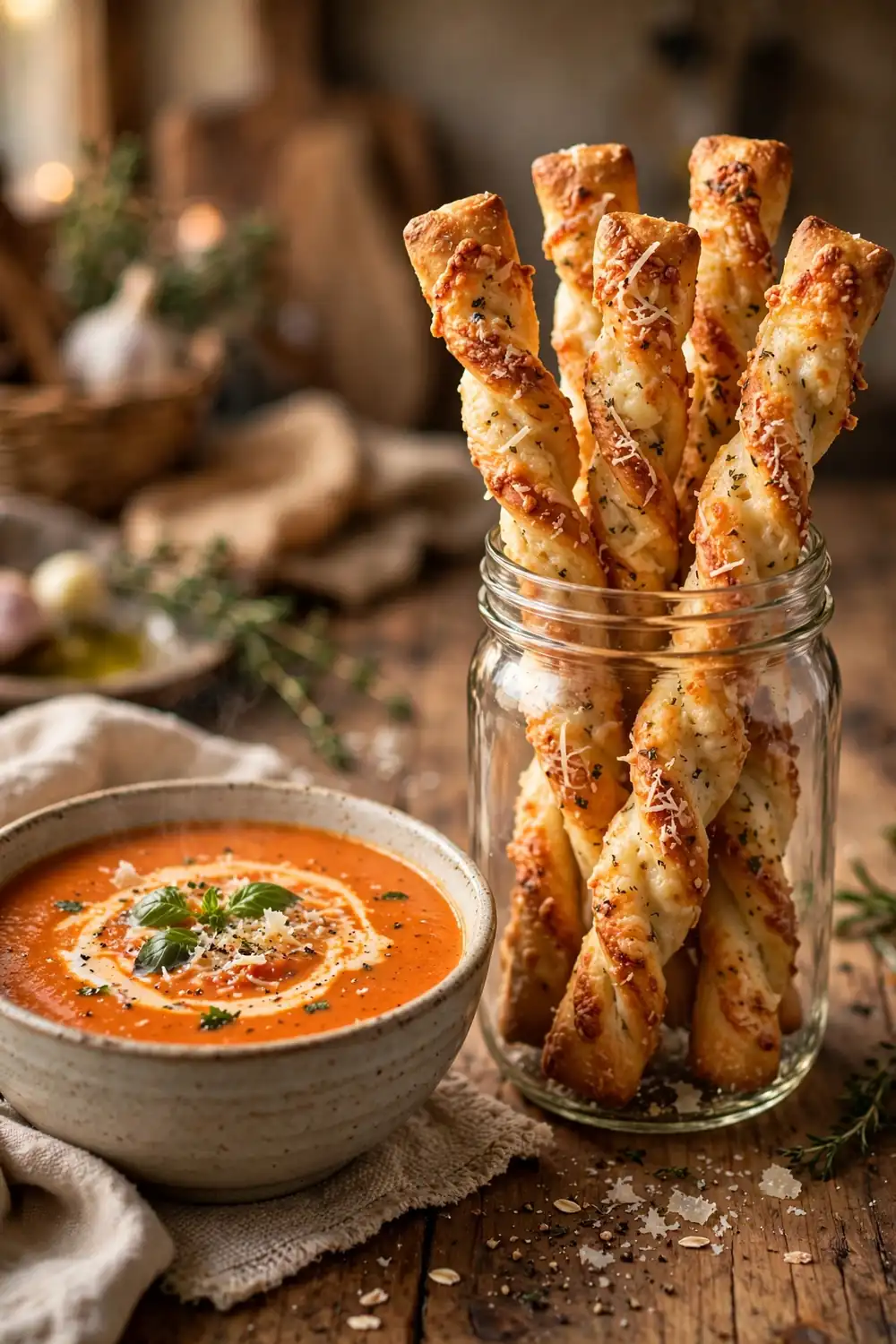 Parmesan twist sticks, crunchy soup breads for dunking