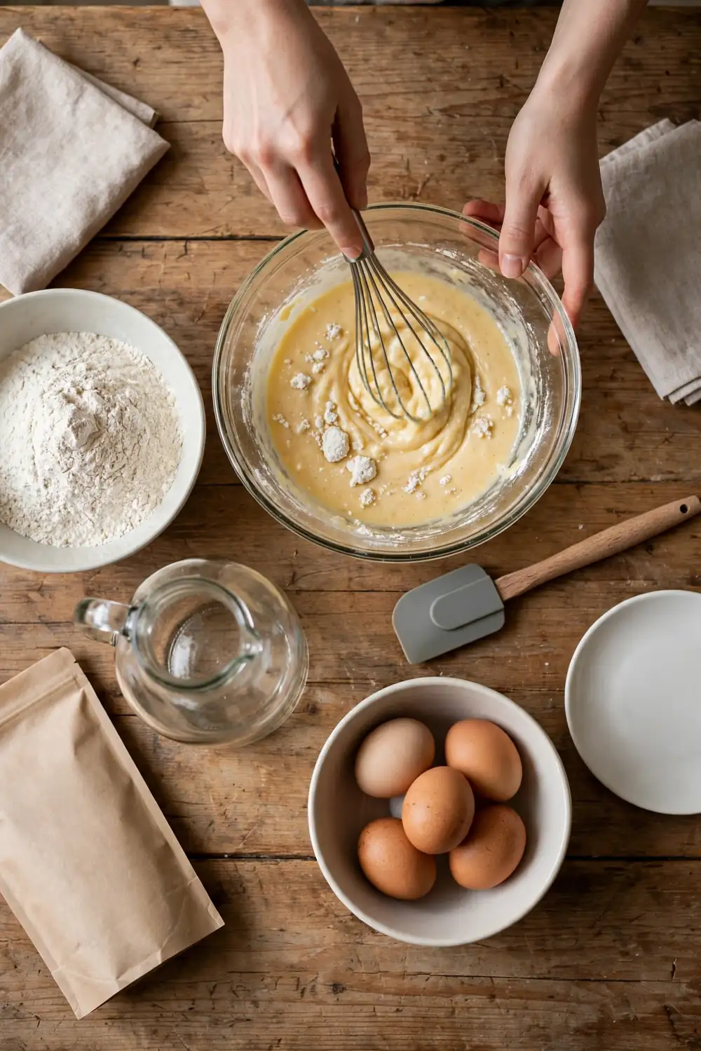 Gently stirring pancake batter with lumps
A light mix keeps the batter tender, and the pancakes stay soft. Stir just until the dry flour disappears, and stop while small lumps remain. A few lumps are fine, and they vanish on the griddle. Gentle mixing is the fastest fix for a tough stack.