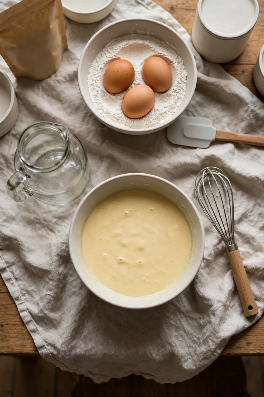 Pancake batter resting under a towel
A short rest lets the flour hydrate, and the batter turns smooth. Let the batter sit for five to ten minutes, and the gluten relaxes. Resting is a simple fix, and it softens the texture before cooking. The pancakes cook up lighter after a rest.