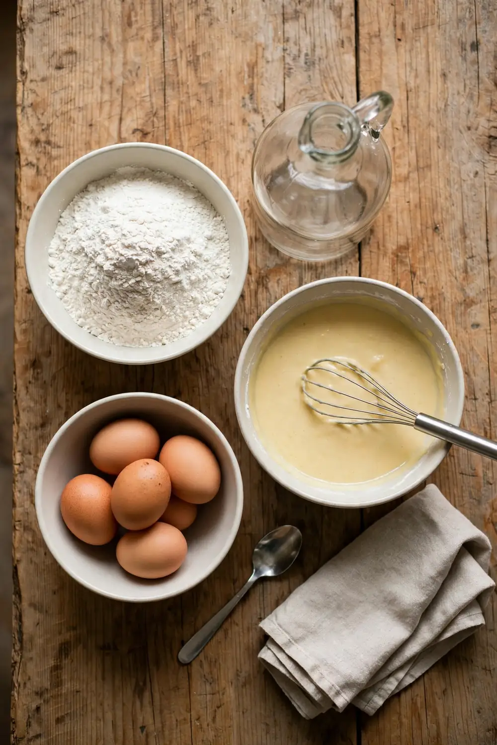 All purpose flour beside a measuring cup
The flour you use shapes the texture, and strong flour builds more gluten. All purpose flour works best for soft pancakes, and bread flour makes them chewy. Check the bag before you scoop, and use the right flour. The wrong flour makes tough pancakes even with a gentle mix.