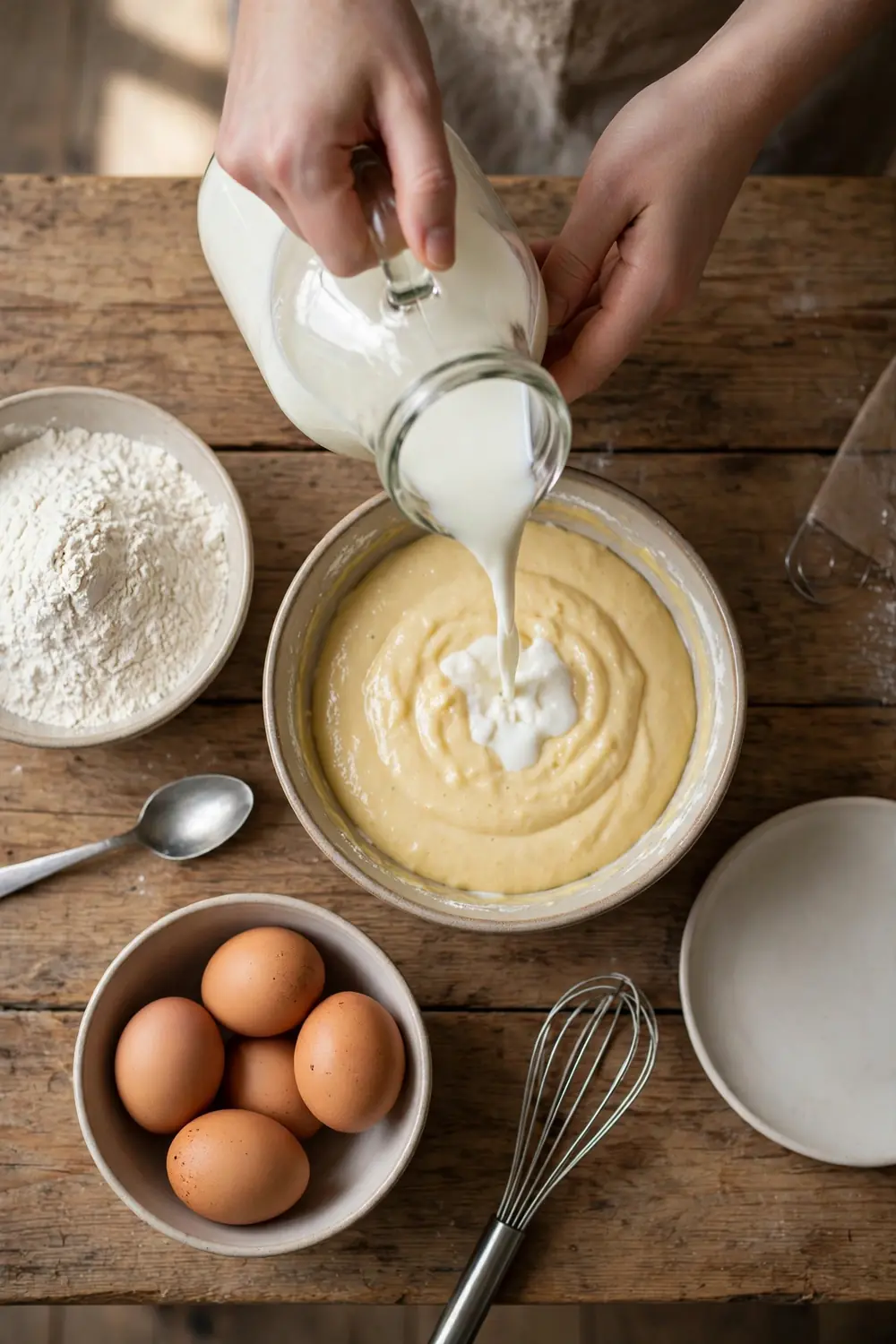 Measuring milk beside pancake batter
Too much flour or too little liquid makes the batter thick, and thick batter cooks tough. Measure the milk and eggs with care, and follow the recipe amounts. Small shifts change the texture, and the pancakes turn chewy. Correct amounts keep the batter loose and light.