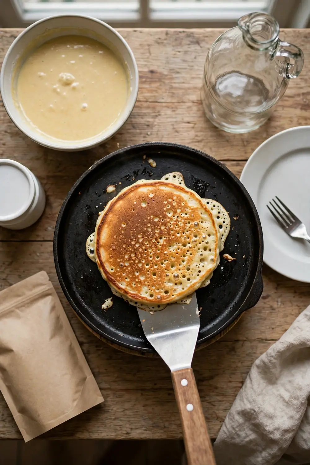 Spatula flipping one pancake on a griddle
Flipping too often presses the pancakes down, and the crumb turns dense. Flip each pancake only once, when bubbles pop on the surface. One flip keeps the texture light, and the pancakes stay soft. Extra flips squeeze out the air. Wait for the edges to set first.