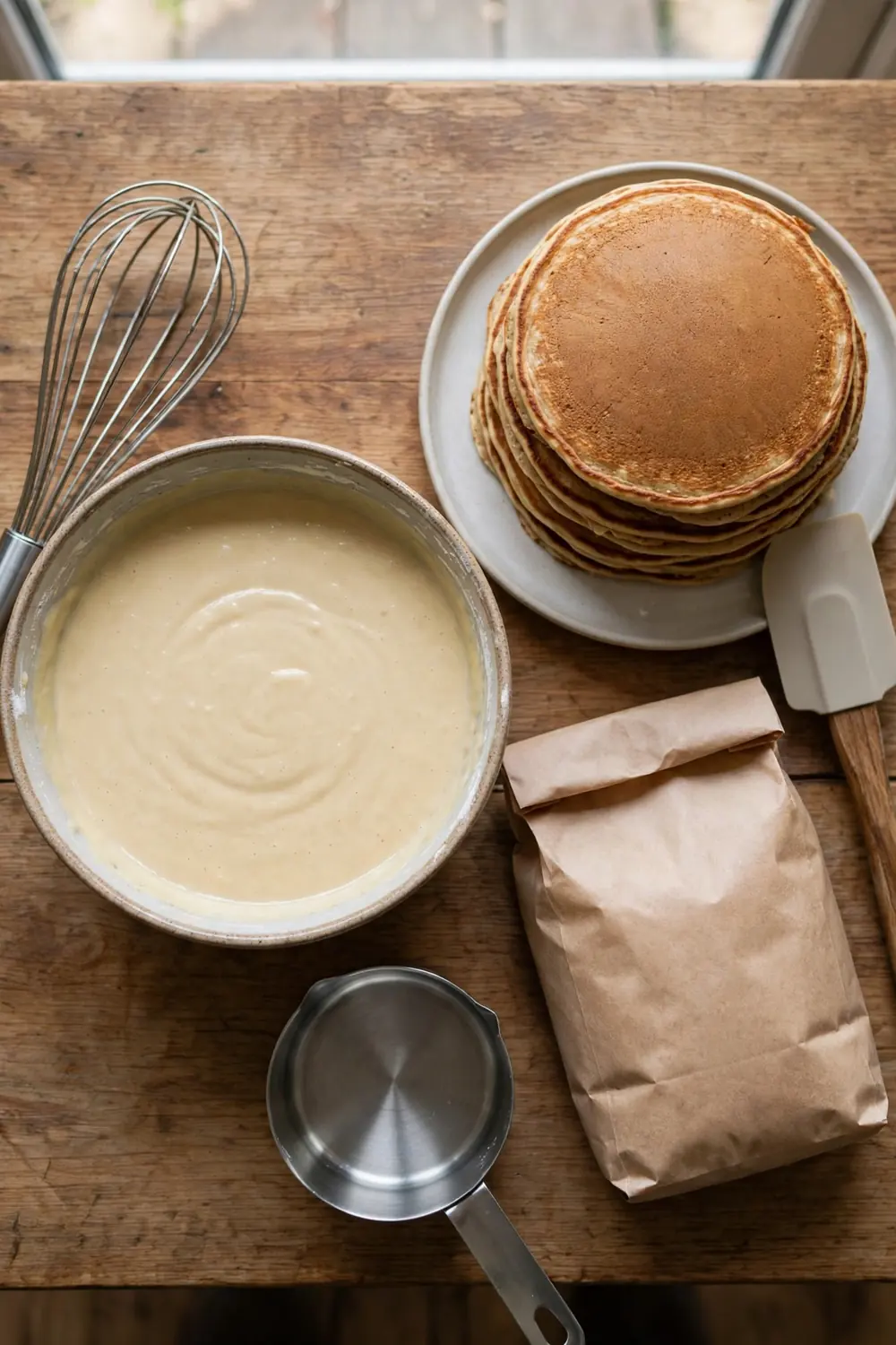 Overmixed batter beside flat tough pancakes
Overmixing is the biggest mistake, and the batter turns tough fast. Stirring until smooth feels right, but the gluten builds with each stroke. Stop early, and the pancakes stay soft. Small changes in mixing change the whole stack. Keep the whisk moving lightly, and count your strokes.