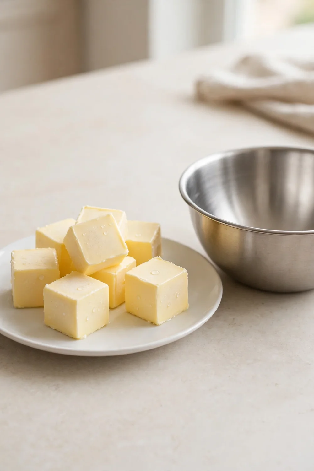 Cold butter cubes beside a mixing bowl