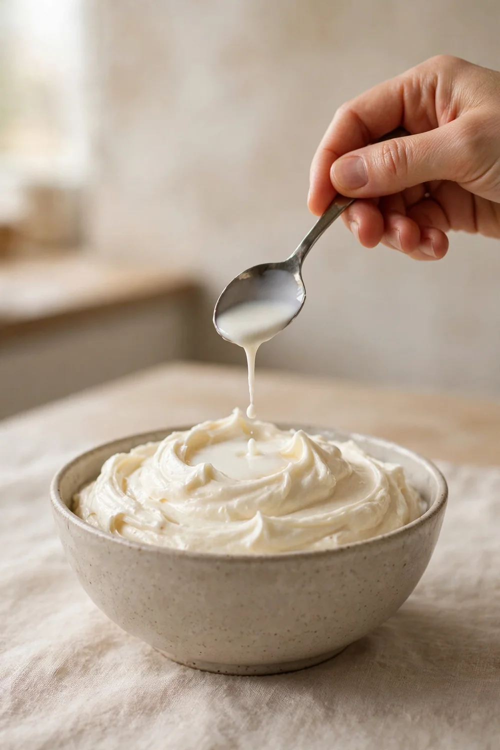 Spoon adding a small splash of milk to frosting