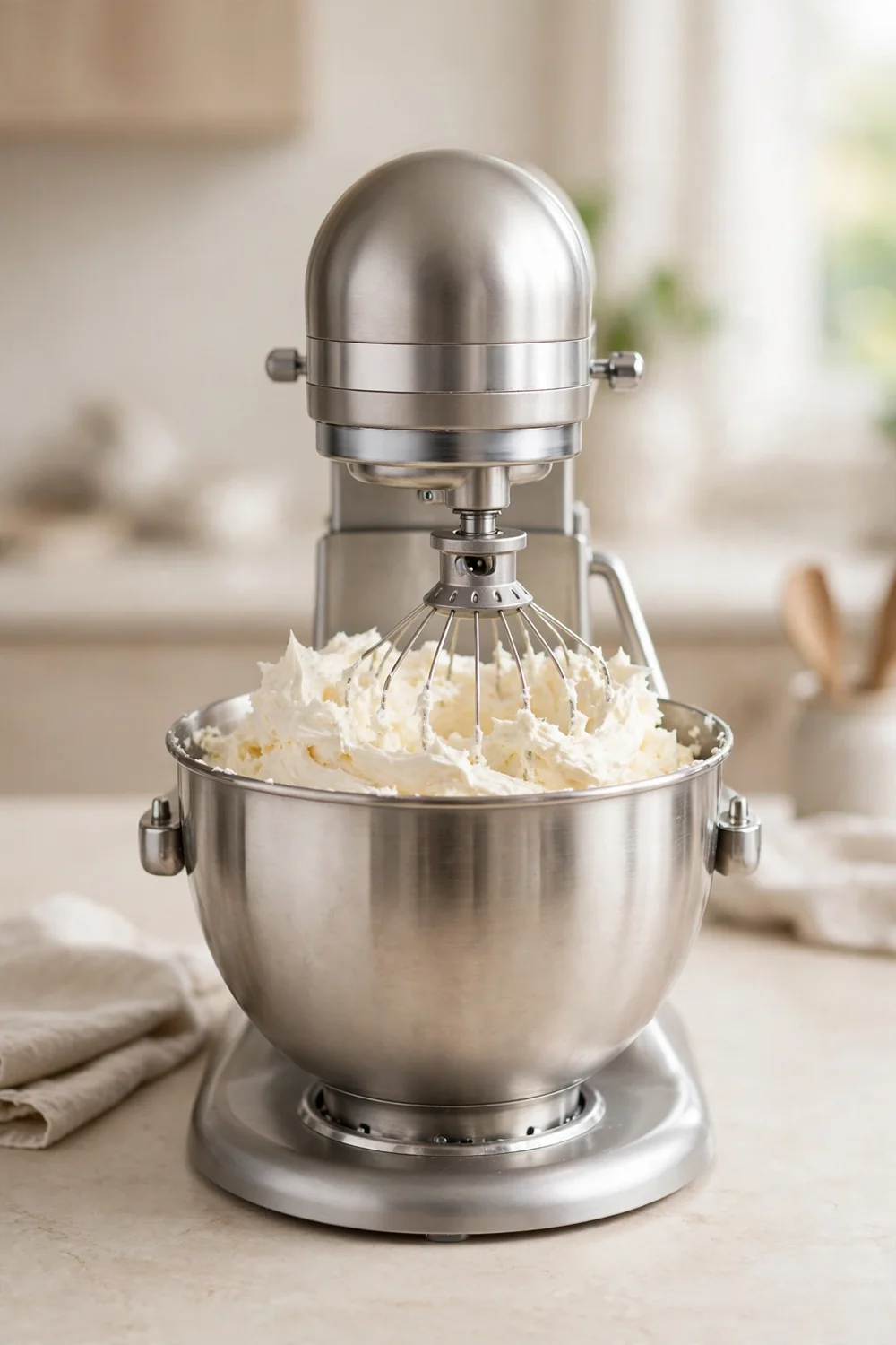 Stand mixer beating pale fluffy frosting