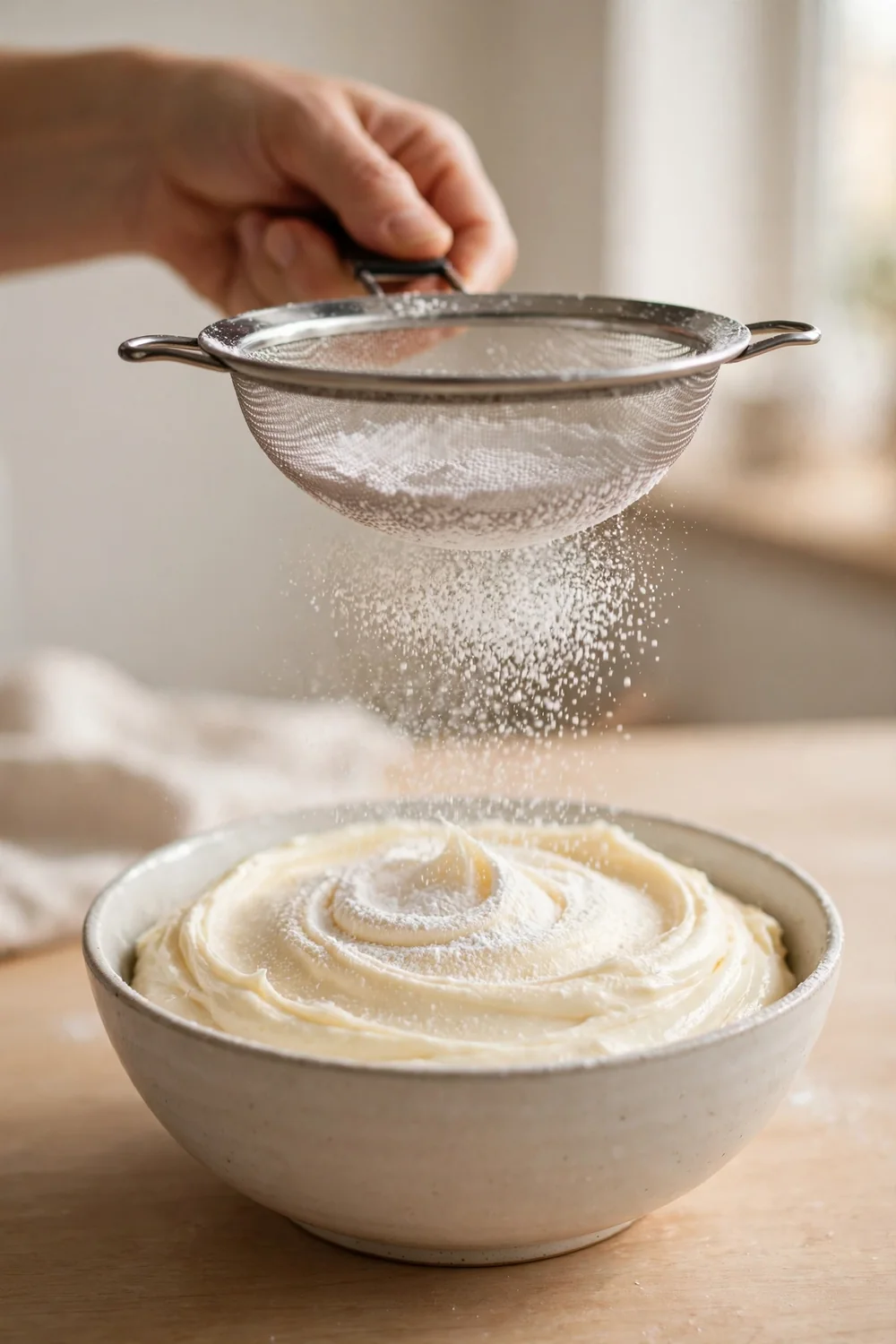 Sifting powdered sugar into a bowl of frosting