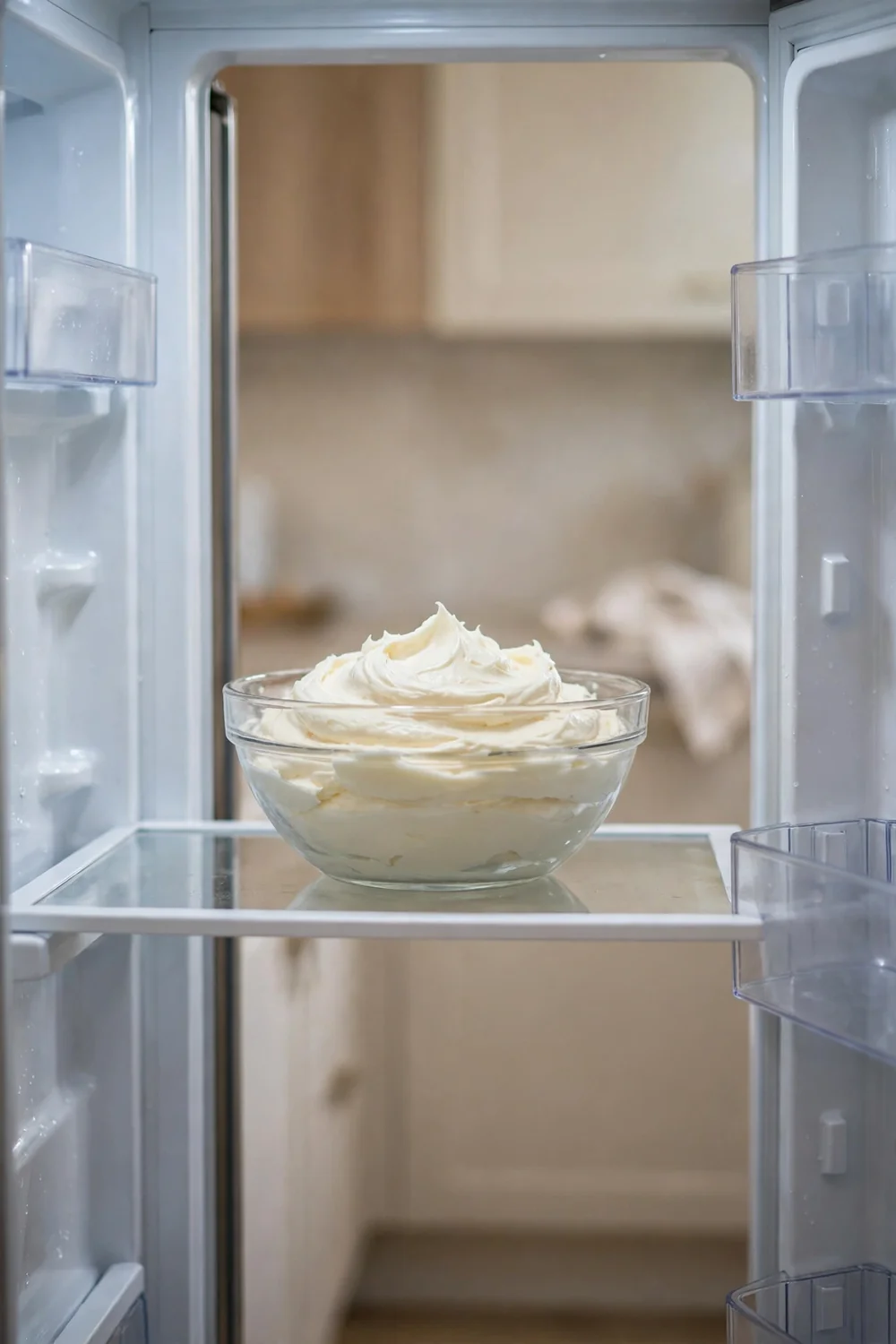 Bowl of frosting chilling in a fridge