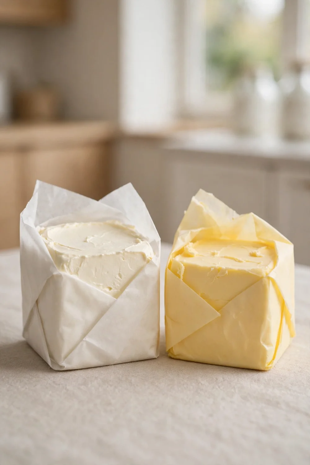 Block of full fat cream cheese beside butter