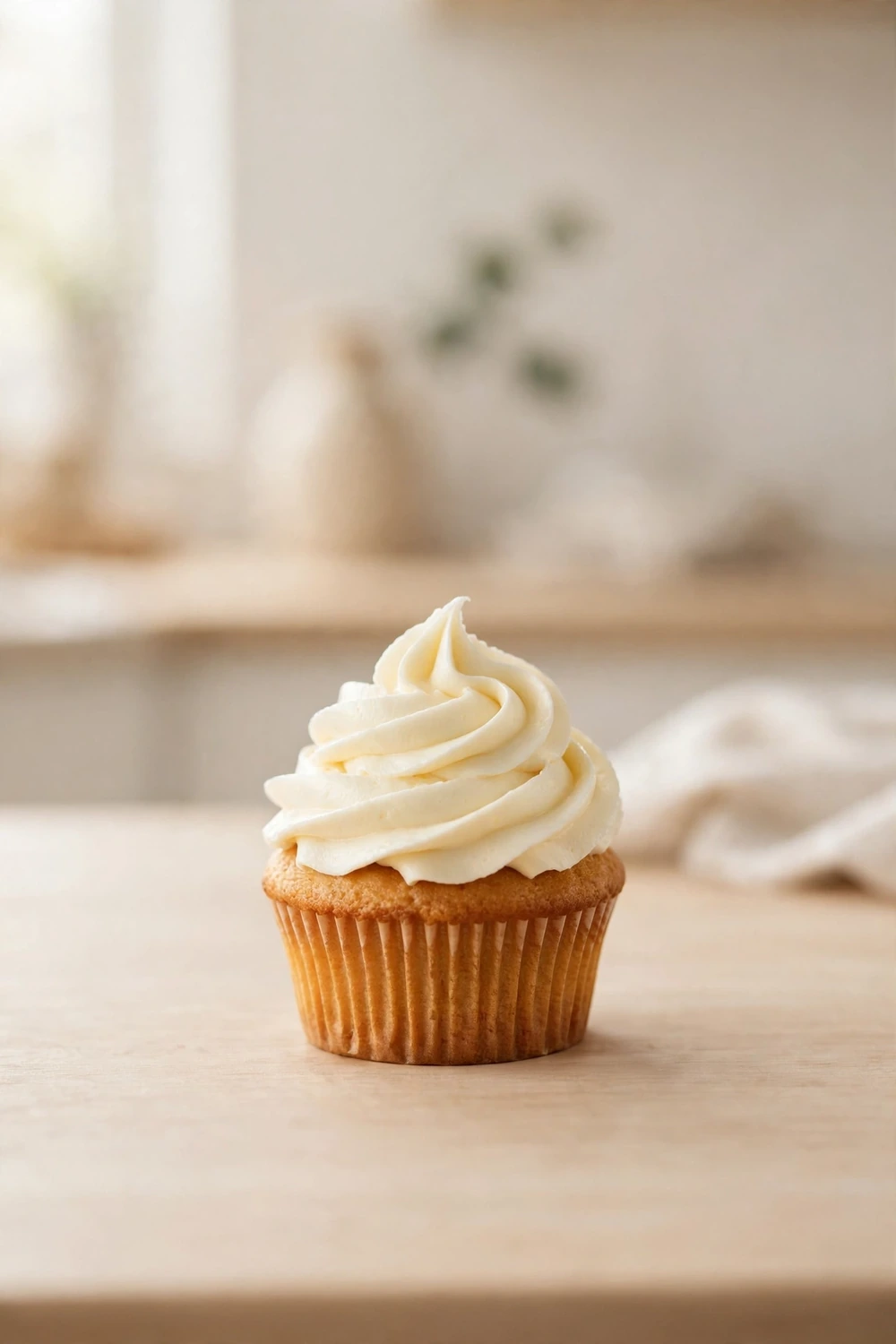 Single frosted cupcake with a test swirl