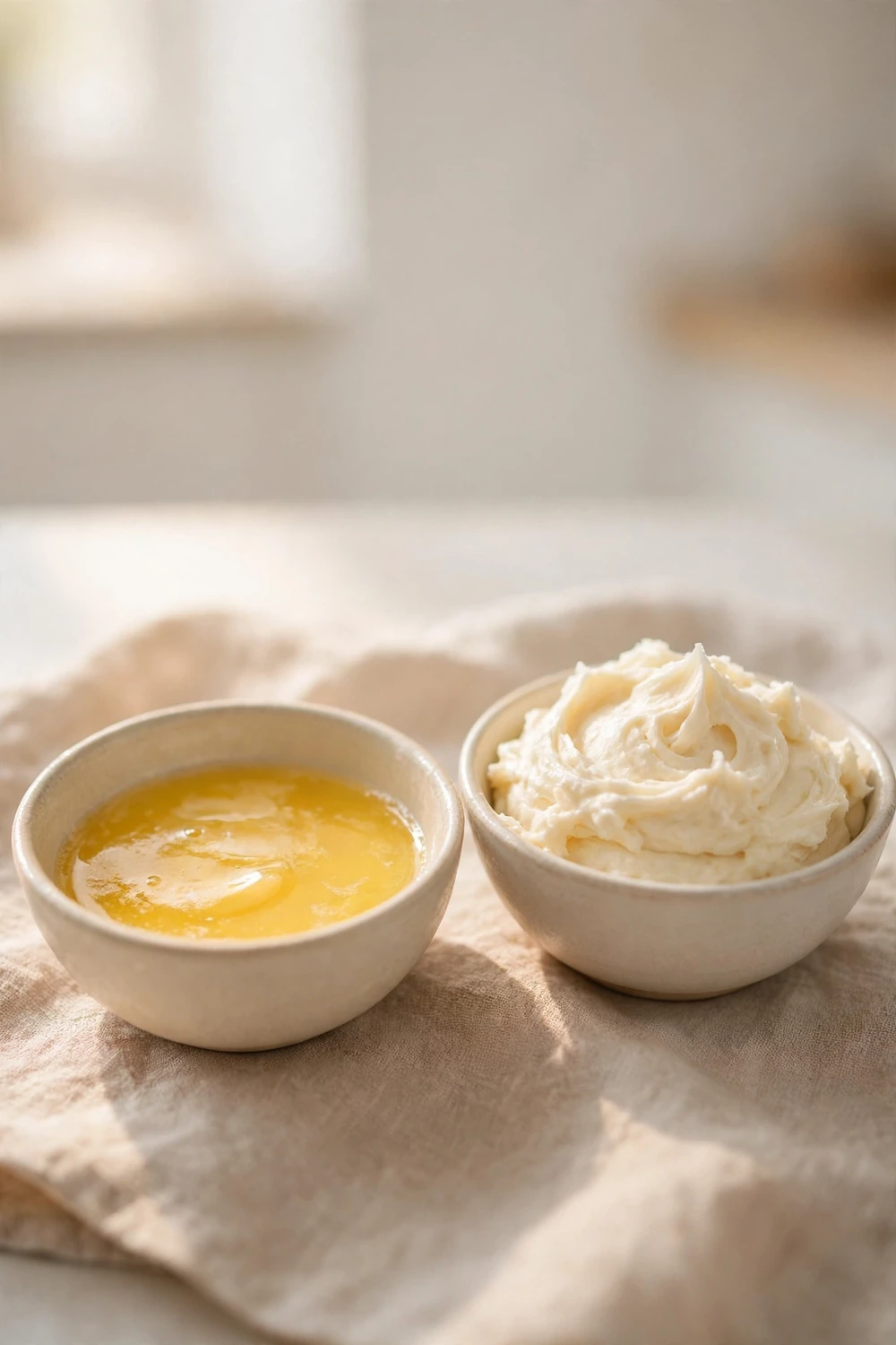 Bowl of melted butter beside soft frosting