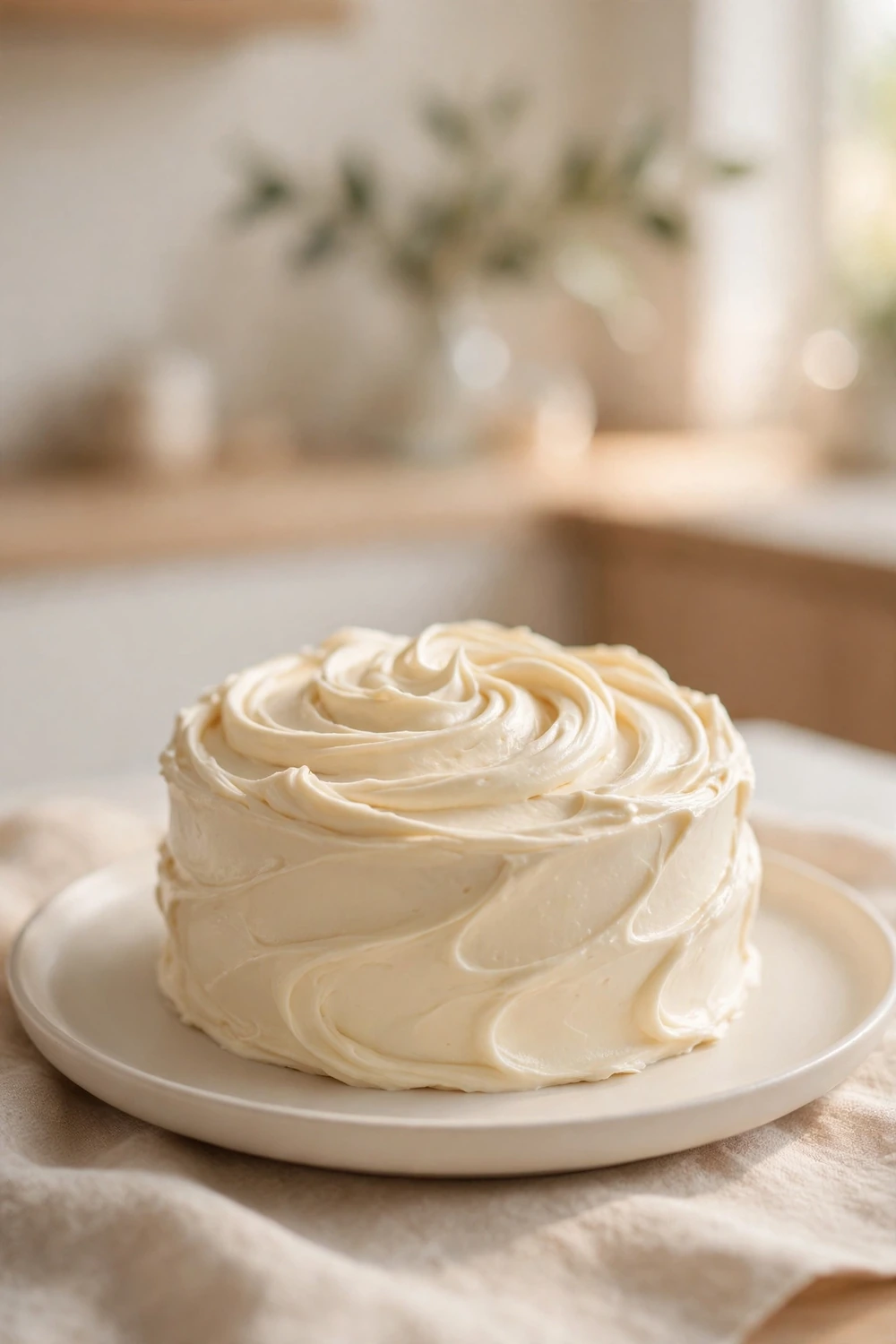 Smooth thick frosting swirled on a cake