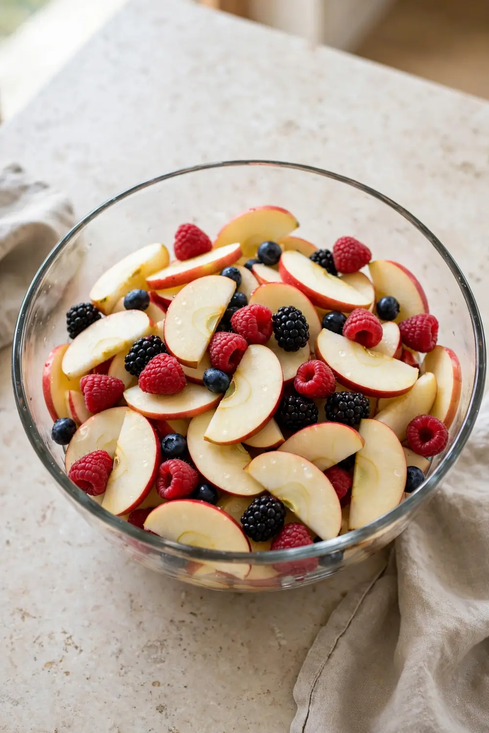 Fresh sliced apples and berries in a bowl ready for pie filling