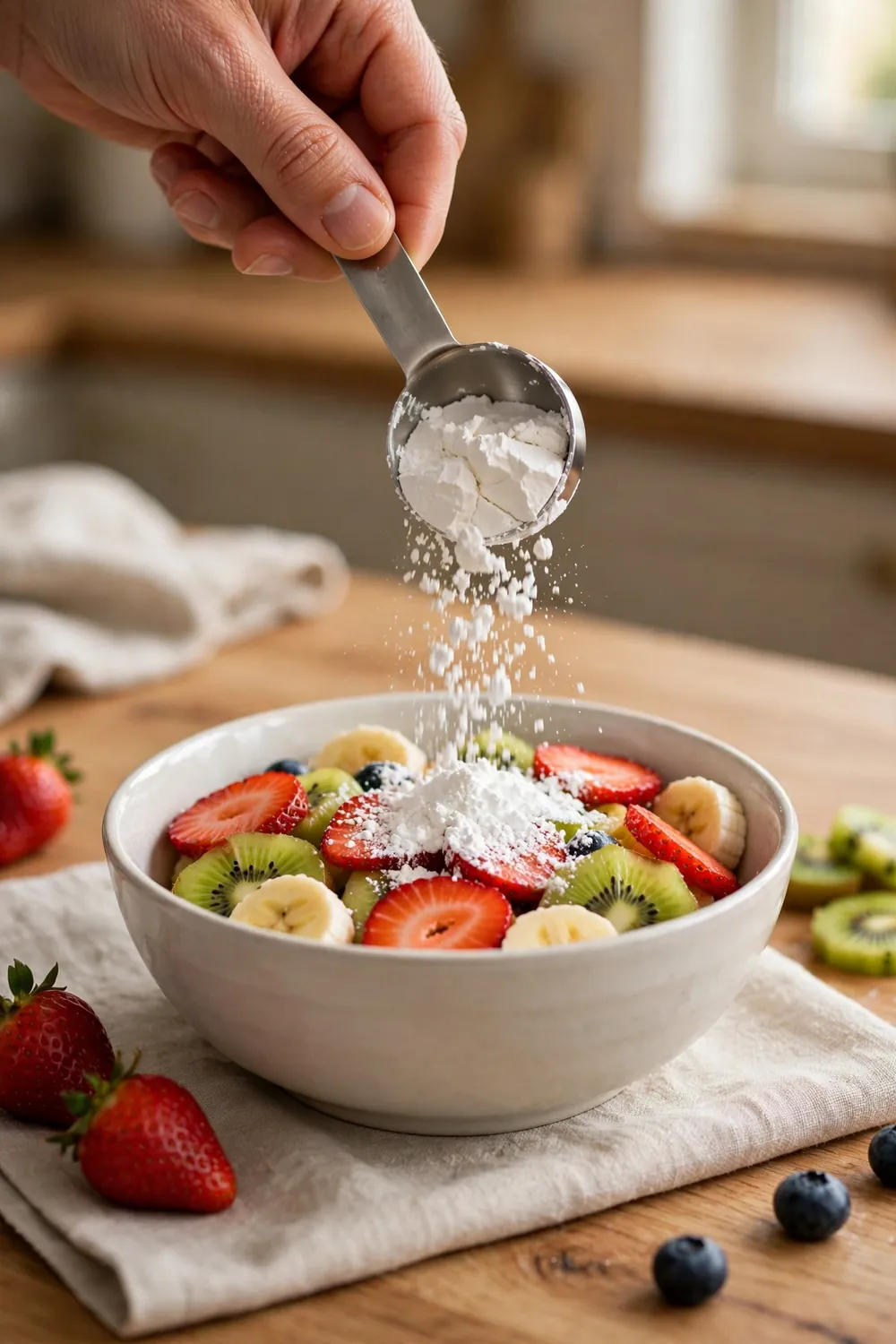 Cornstarch being measured into a bowl of sliced fruit for pie