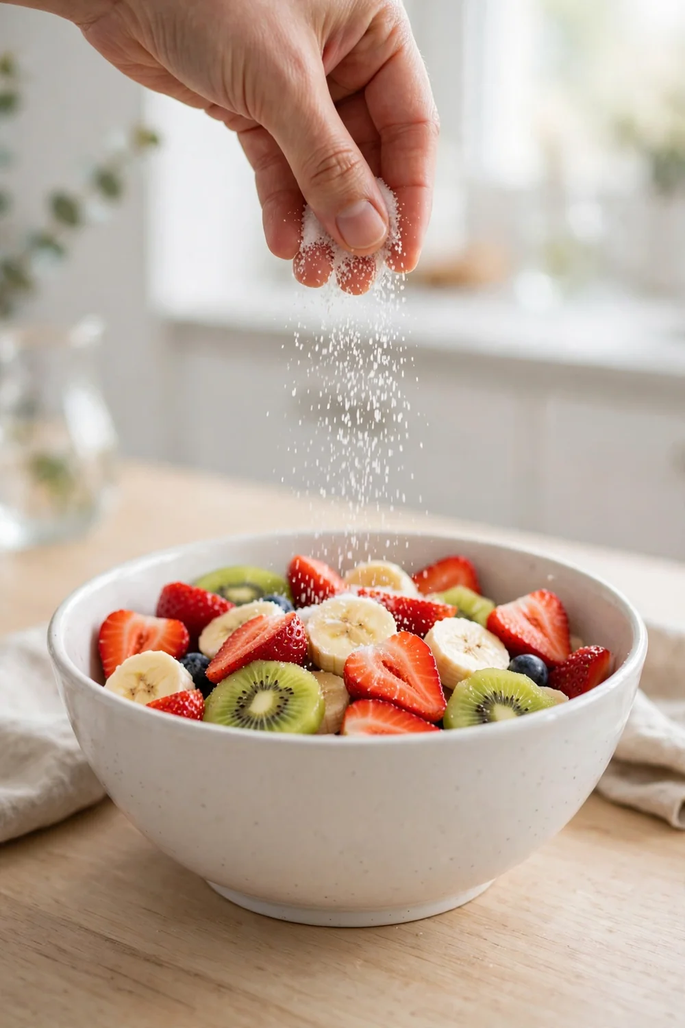 Sugar being sprinkled over sliced fruit in a mixing bowl