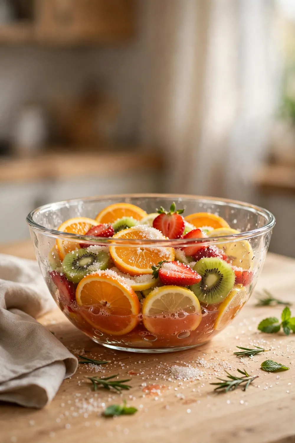 Sliced fruit resting with sugar in a bowl before baking