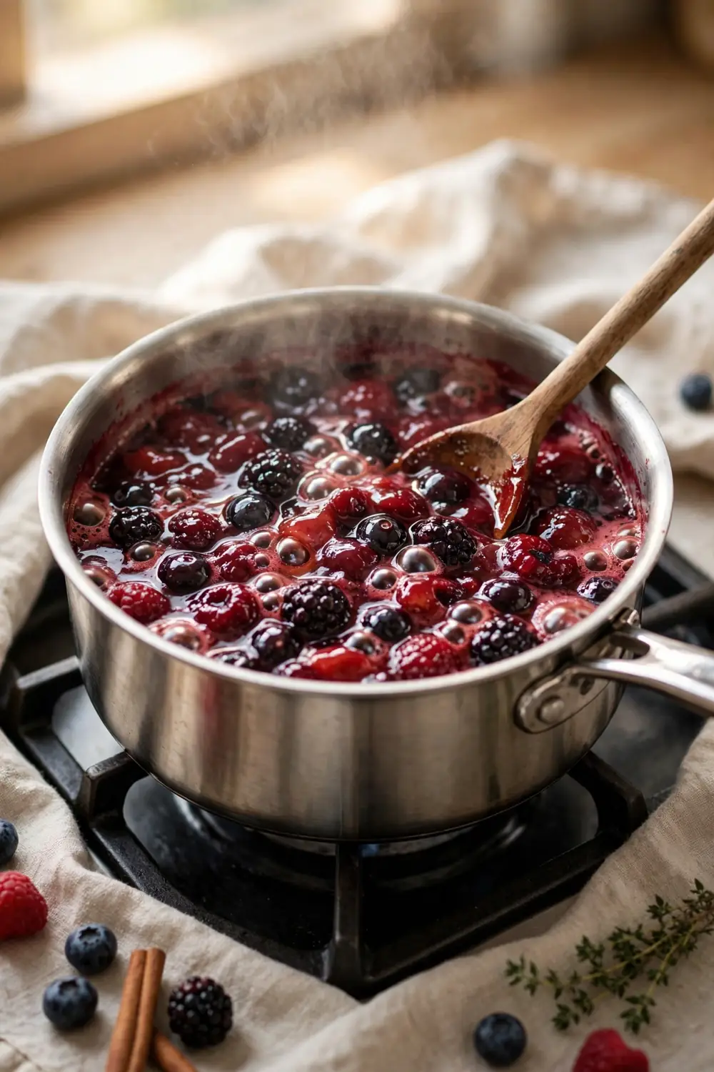 Fruit pie filling simmering in a saucepan on the stove