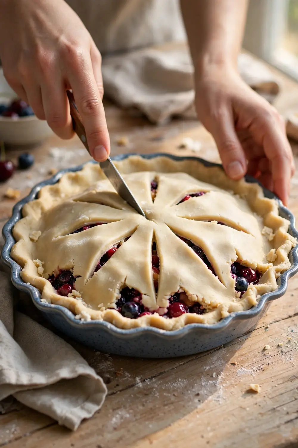 Hands cutting slits in the top crust of a fruit pie