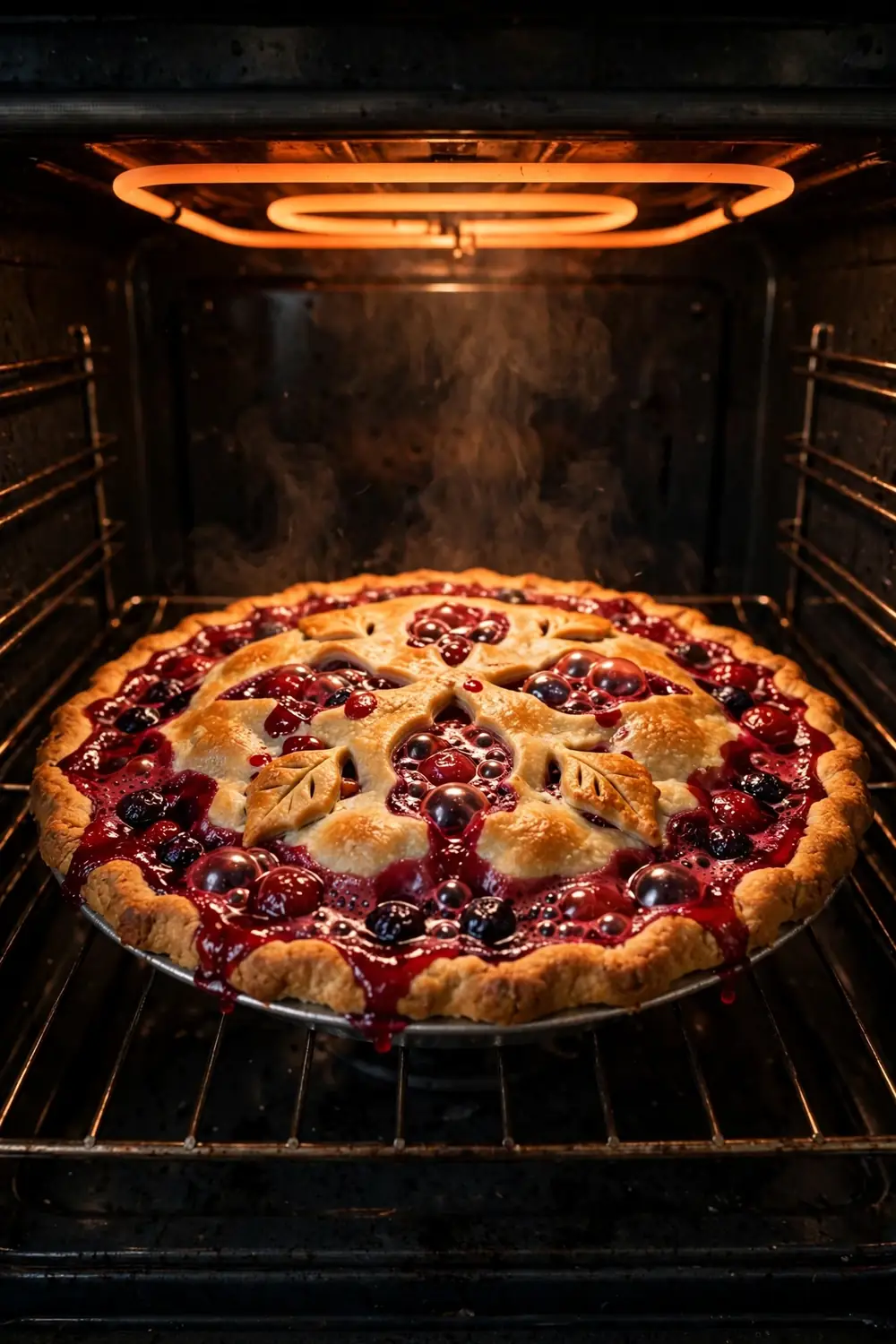 Fruit pie baking in the oven with bubbling filling
