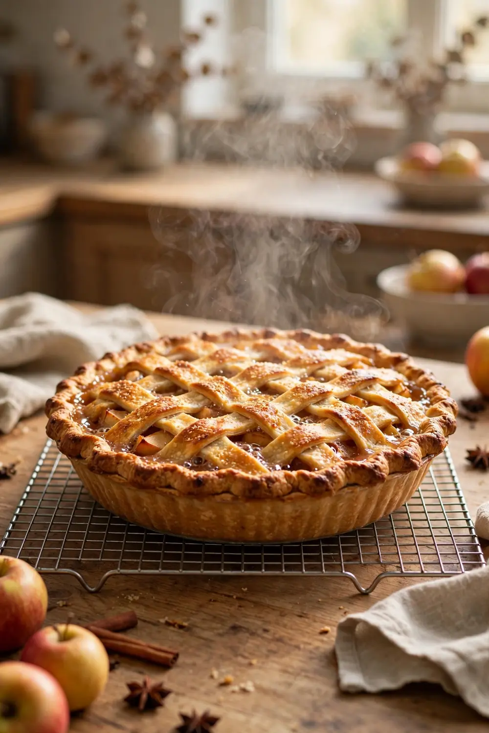 Baked fruit pie cooling on a wire rack