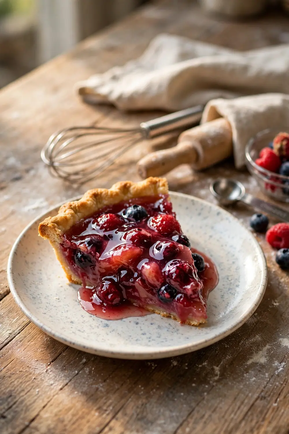 Sliced fruit pie with watery filling beside baking tools