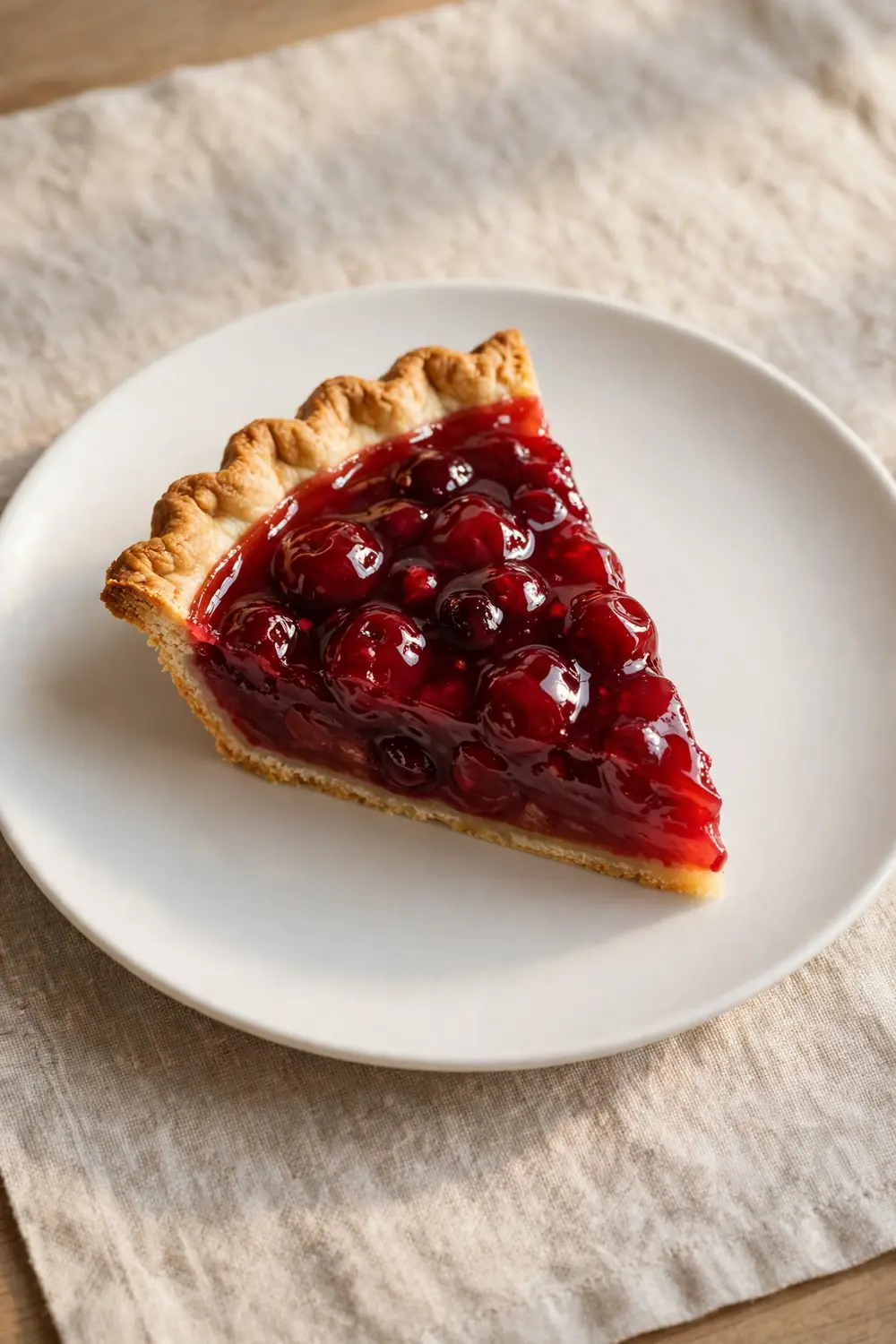 Firm slice of fruit pie with thick glossy filling on a plate