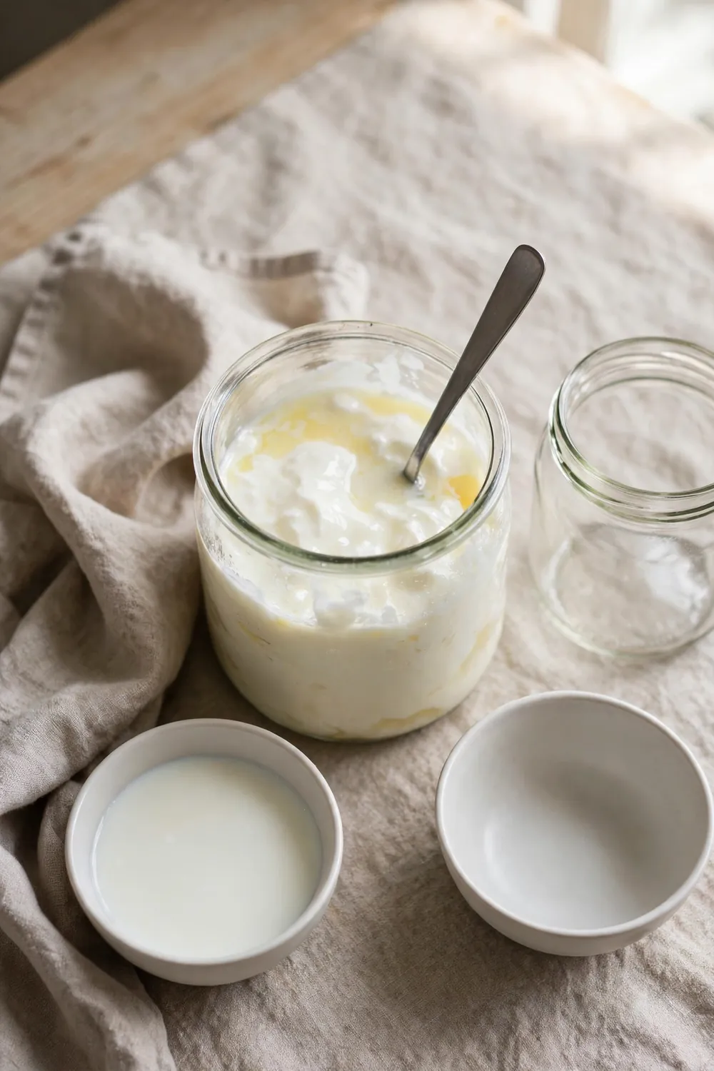 Jar of runny homemade yogurt with whey pooling on top