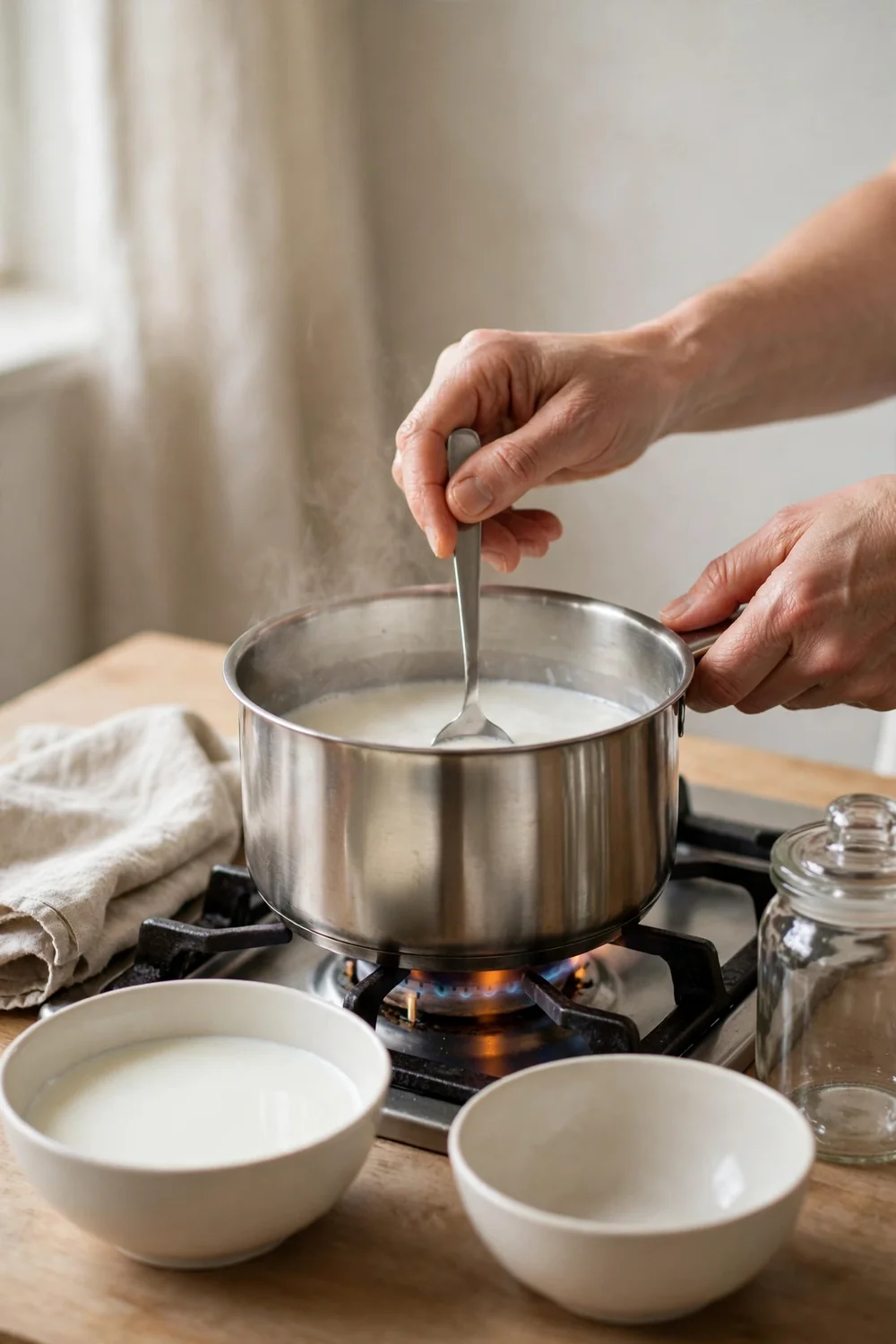 Heating milk in a plain pot on a stove