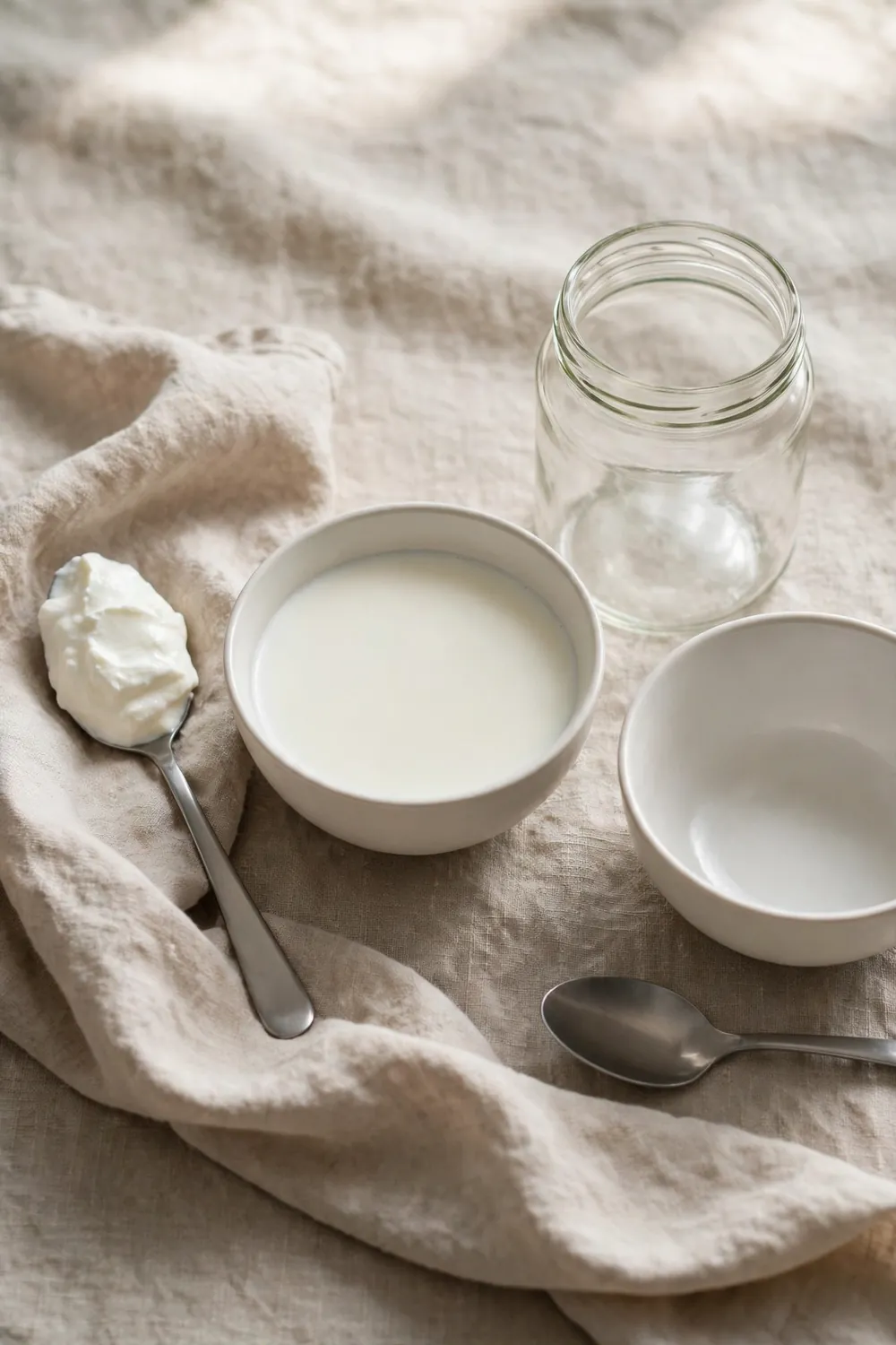 Spoon of fresh yogurt starter beside a bowl of milk